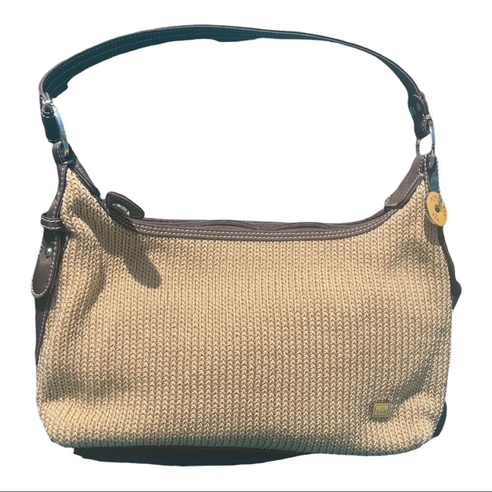 The SAK Light Taupe Crochet Knit with Cloth Liner Satchel Shoulder Hand Bag